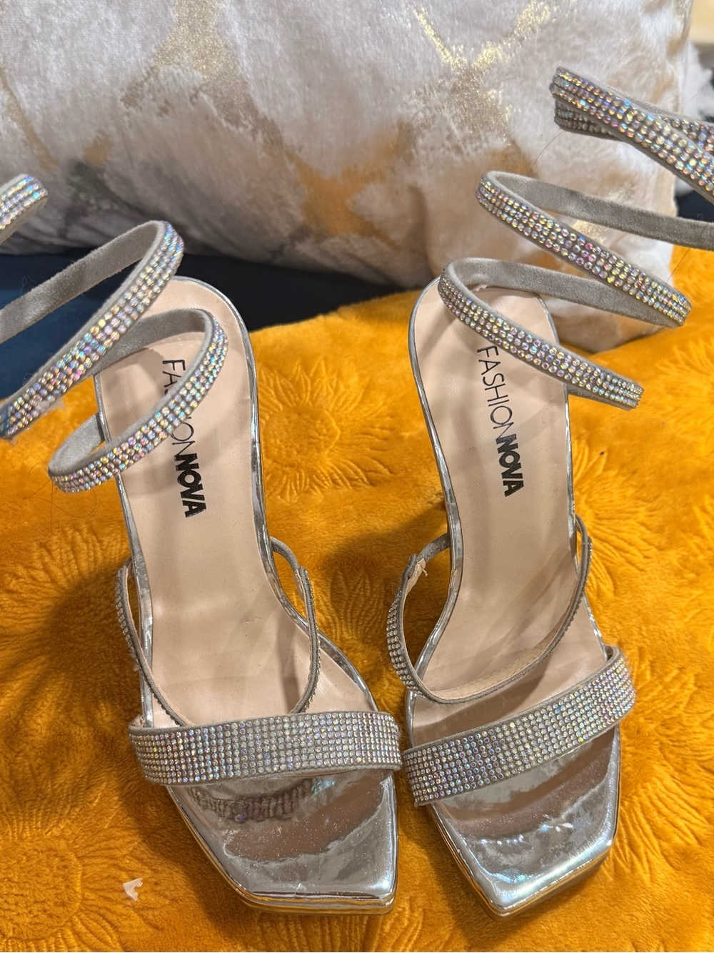 Fashion Nova Iridescent Rhinestone Spiral Strap Heels - Silver